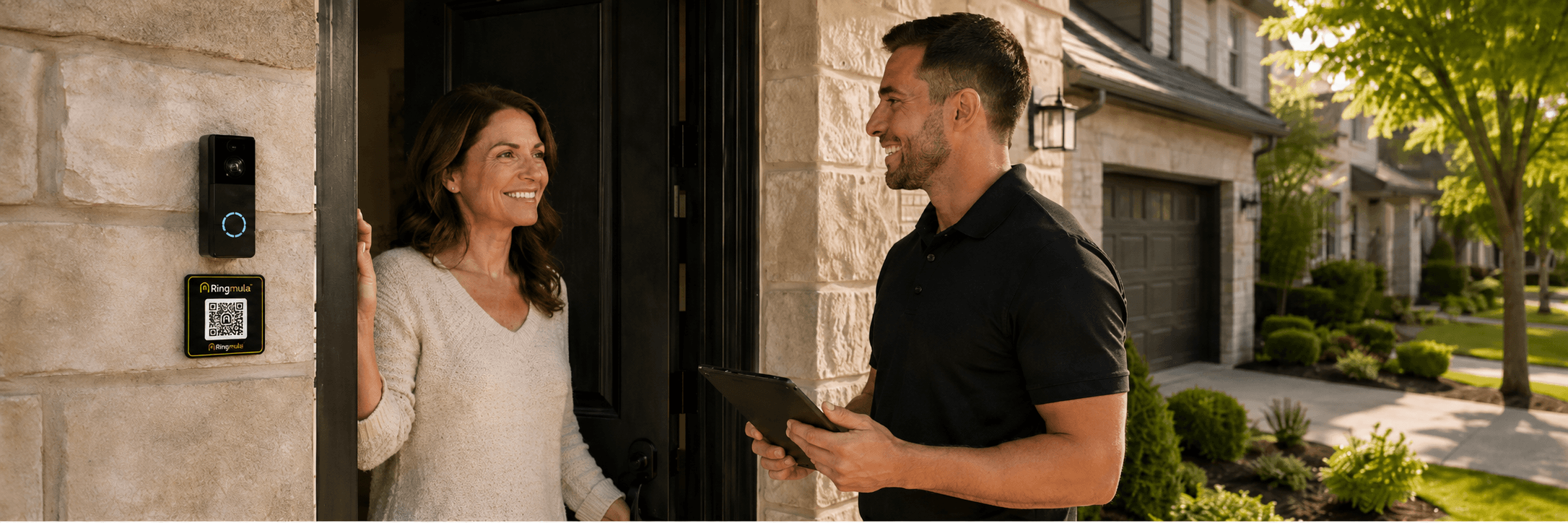 Vendor greeting homeowner at door with Ringmula QR placard